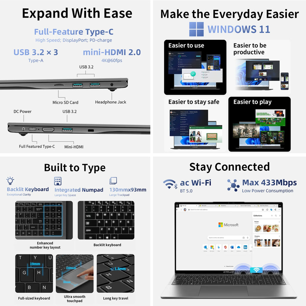 TECLAST F16 Air 16 inch laptop, Flip 180 degree, 16GB + 512GB, for Intel N95 CPU, Windows 11, mini HDMI, backlit keyboard