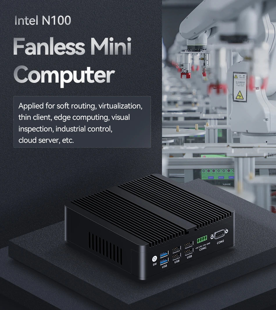 Intel Processor N100 Fanless Industrial Mini Computer 4x LAN Ports 2x COM RS485 RS232 Win11 Linux Pfsense Firewalls Soft Router