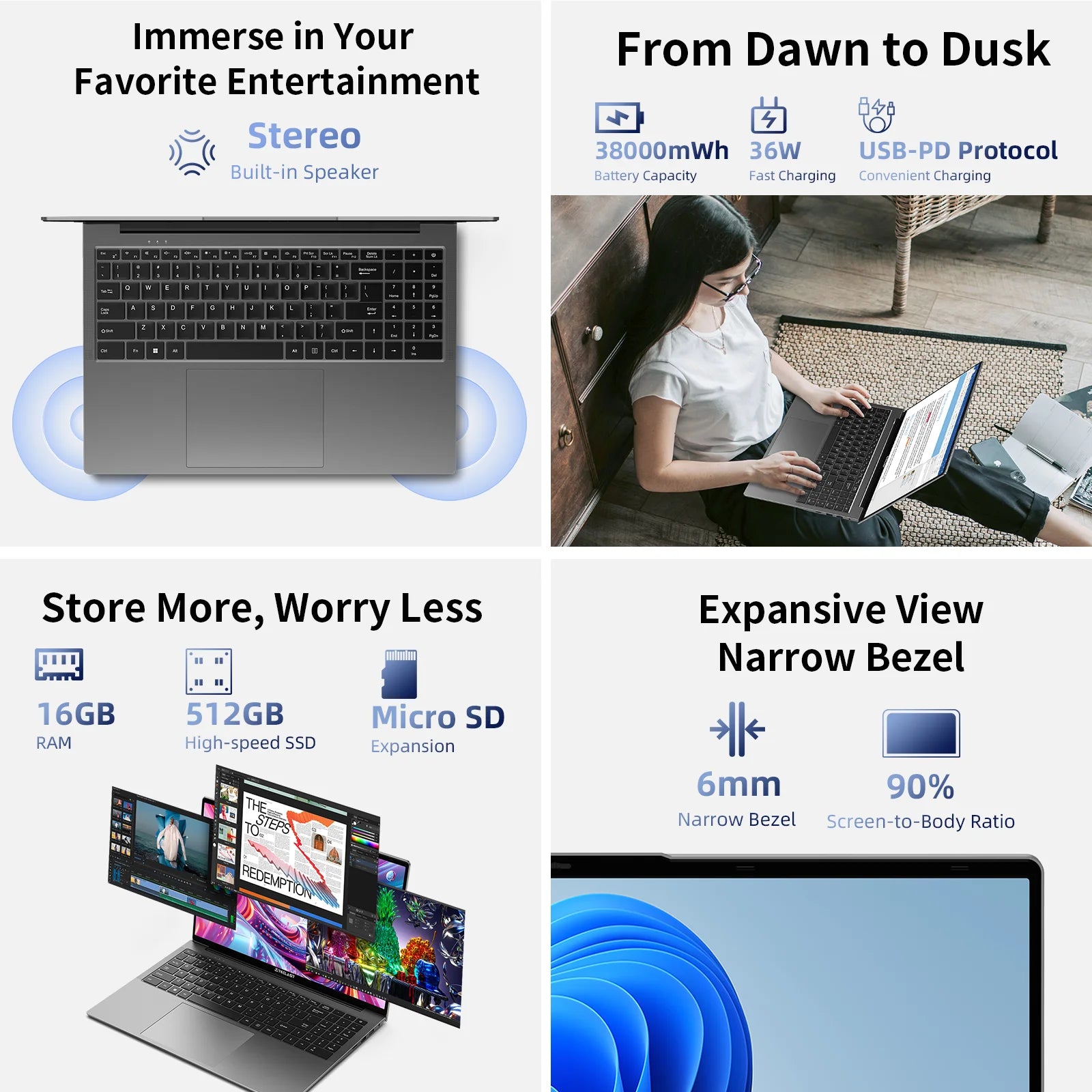 TECLAST F16 Air 16 inch laptop, Flip 180 degree, 16GB + 512GB, for Intel N95 CPU, Windows 11, mini HDMI, backlit keyboard