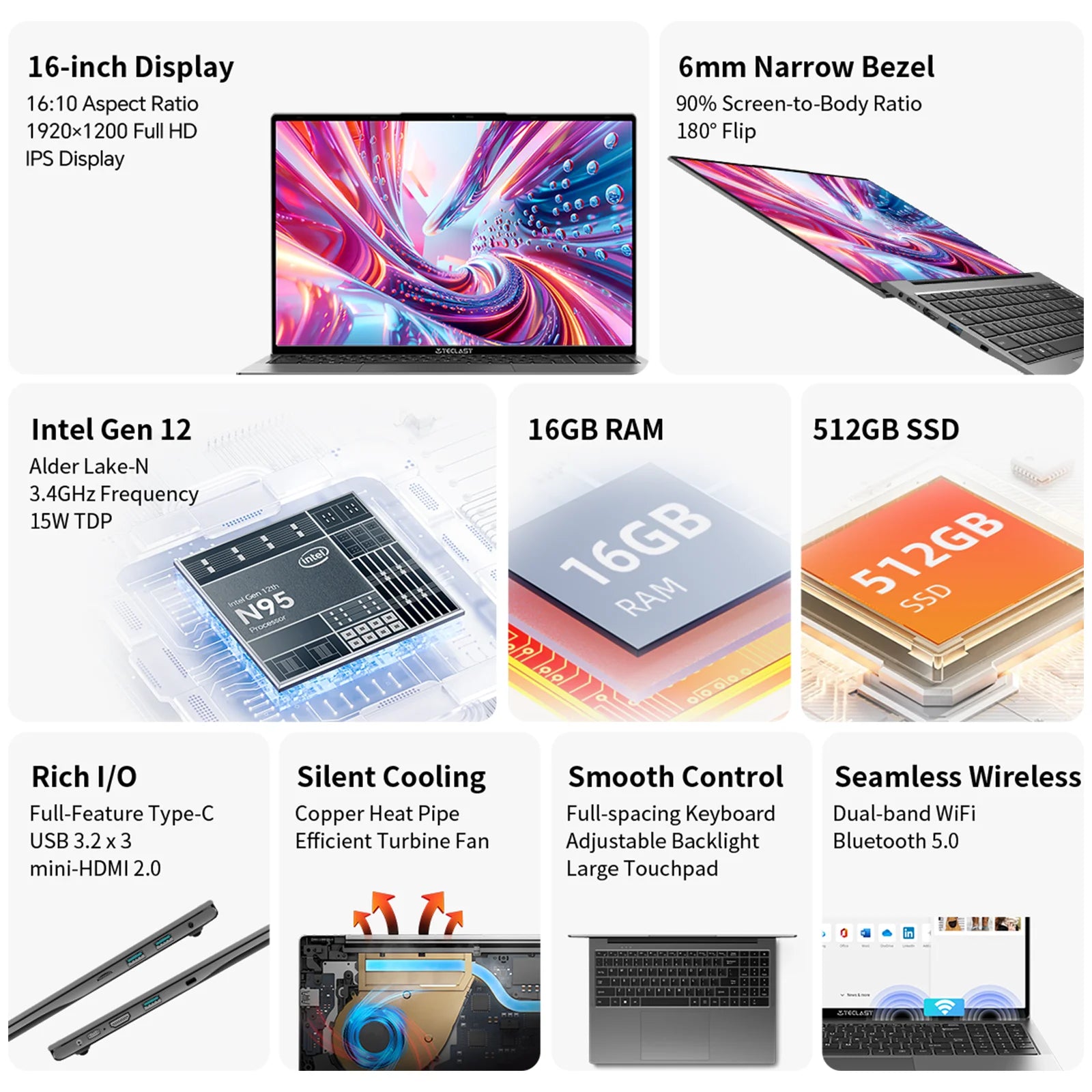 TECLAST F16 Air 16 inch laptop, Flip 180 degree, 16GB + 512GB, for Intel N95 CPU, Windows 11, mini HDMI, backlit keyboard