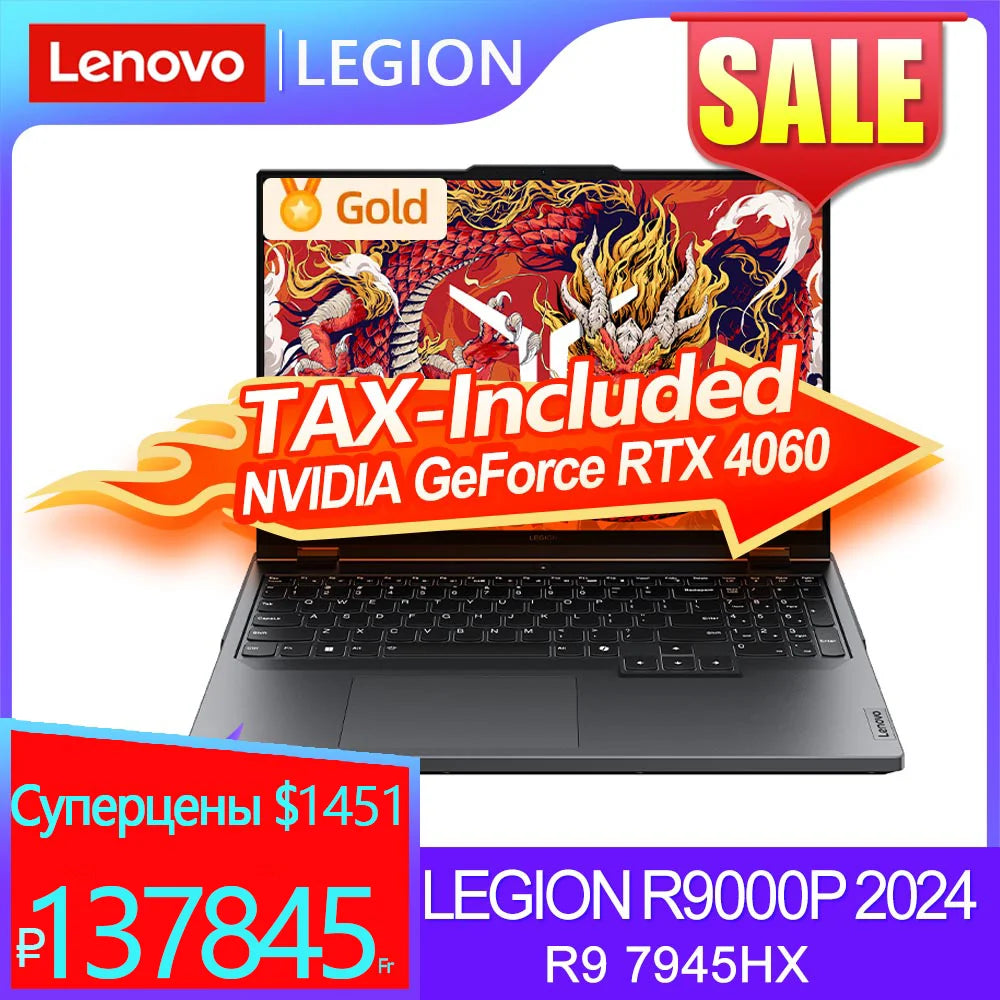 【Customized 】Lenovo LEGION R9000P 2024 E-sports AMD Ryzen R9 7945HX RTX4060 16/32/64GB RAM 1TB/2T/4T SSD 16" 2.5K 240Hz Screen