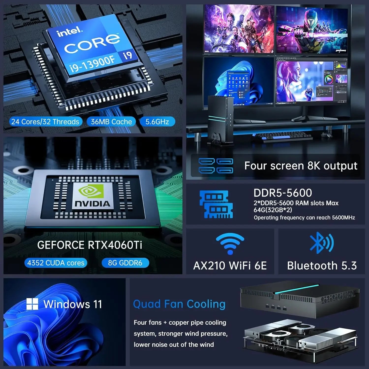 MSECORE MV300 Intel core i9-13900F RTX4070 Dedicated Card Gaming Mini PC Windows 11 Desktop Computer DDR5 PCIE4.0 WiFi6E/BT5.3