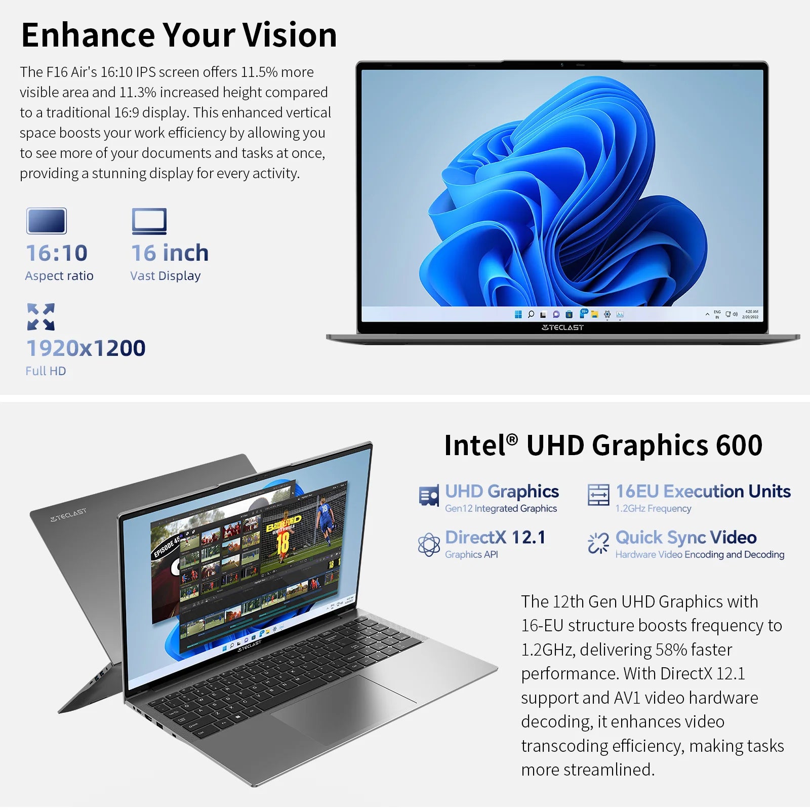 TECLAST F16 Air 16 inch laptop, Flip 180 degree, 16GB + 512GB, for Intel N95 CPU, Windows 11, mini HDMI, backlit keyboard